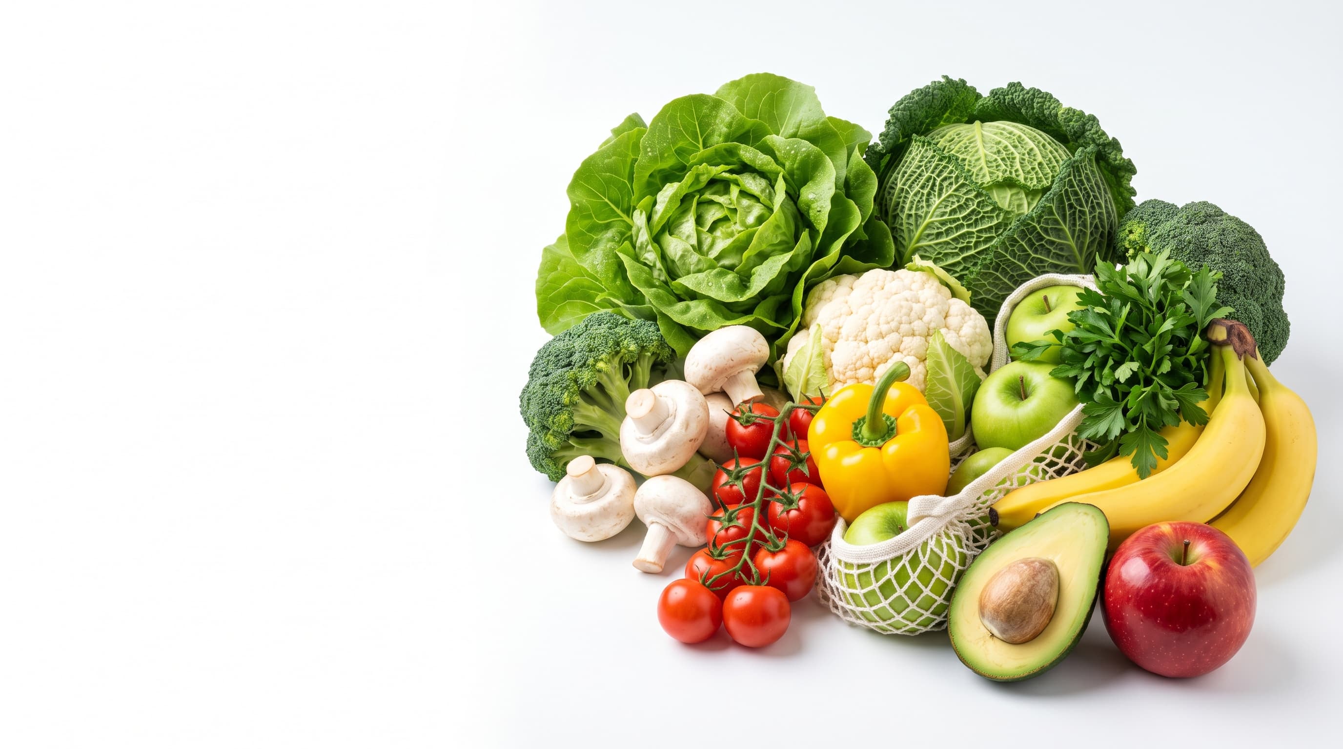 Frutas y verduras frescas sobre fondo blanco